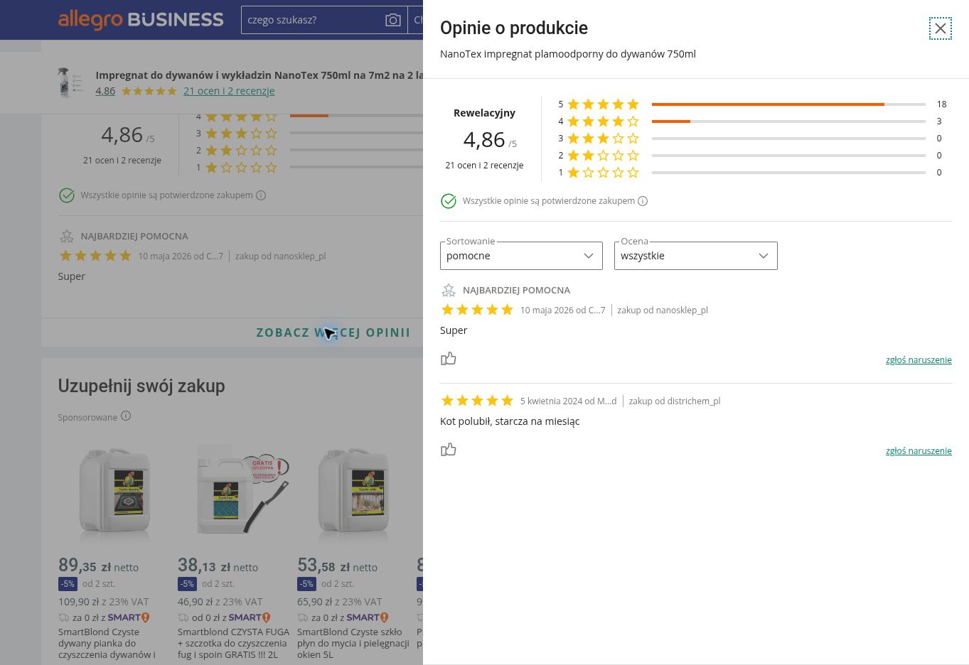 Zrzut opinii z Allegro o impregnacie NANOTEX do dywanów 750 ml