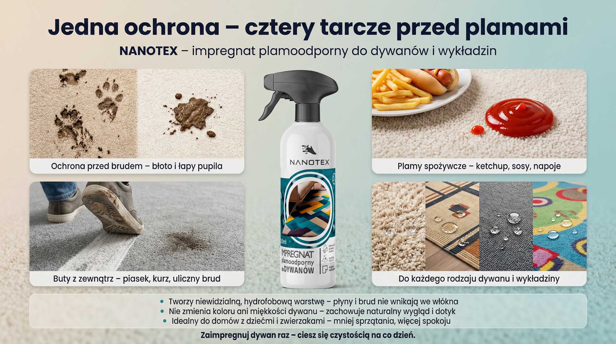 Impregnat NANOTEX do dywanów – przykłady zabrudzeń od błota, obuwia i produktów spożywczych