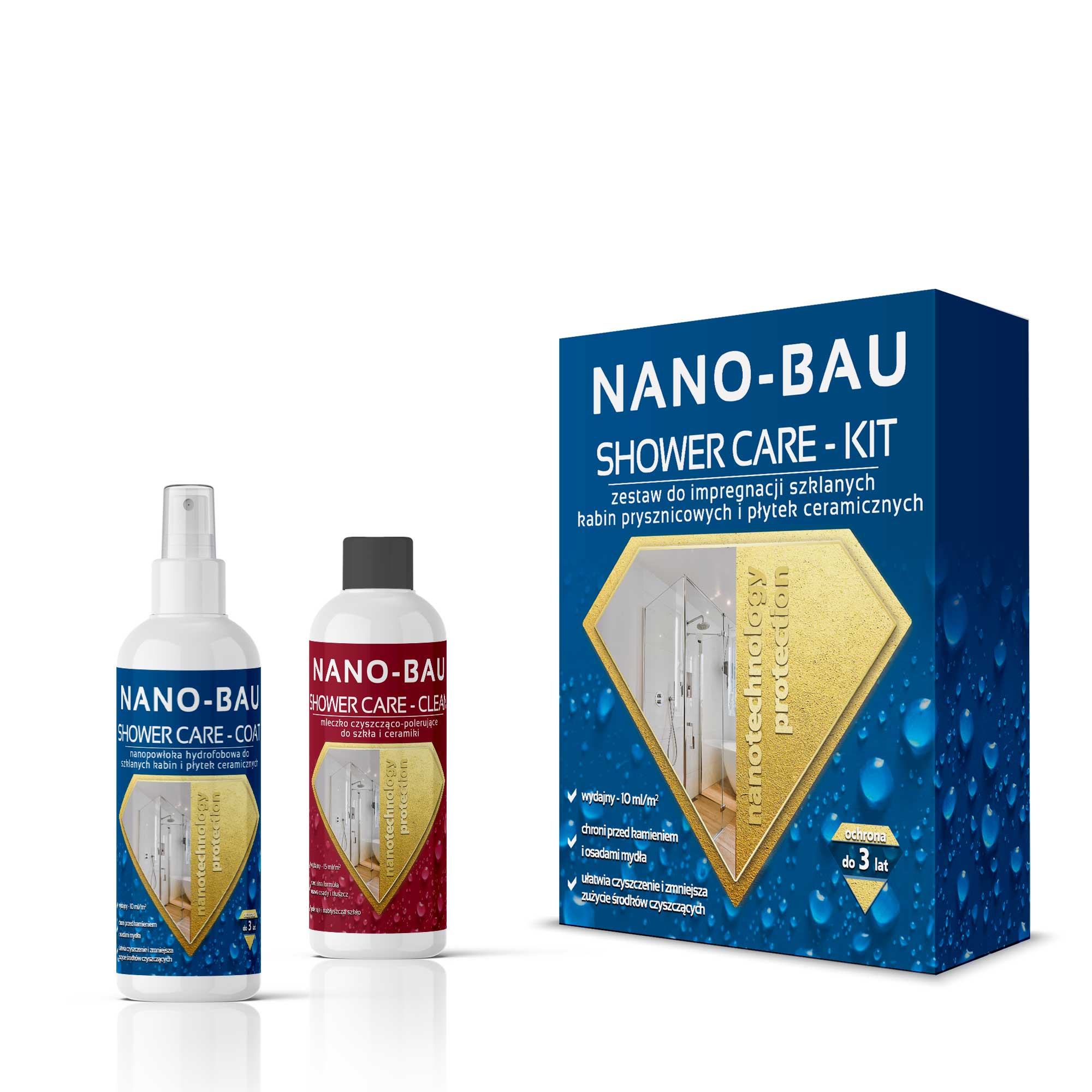 NANO-BAU SHOWER CARE KIT powłoka hydrofobowa do kabiny prysznicowej i ceramiki szkliwionej – opakowanie zestawu