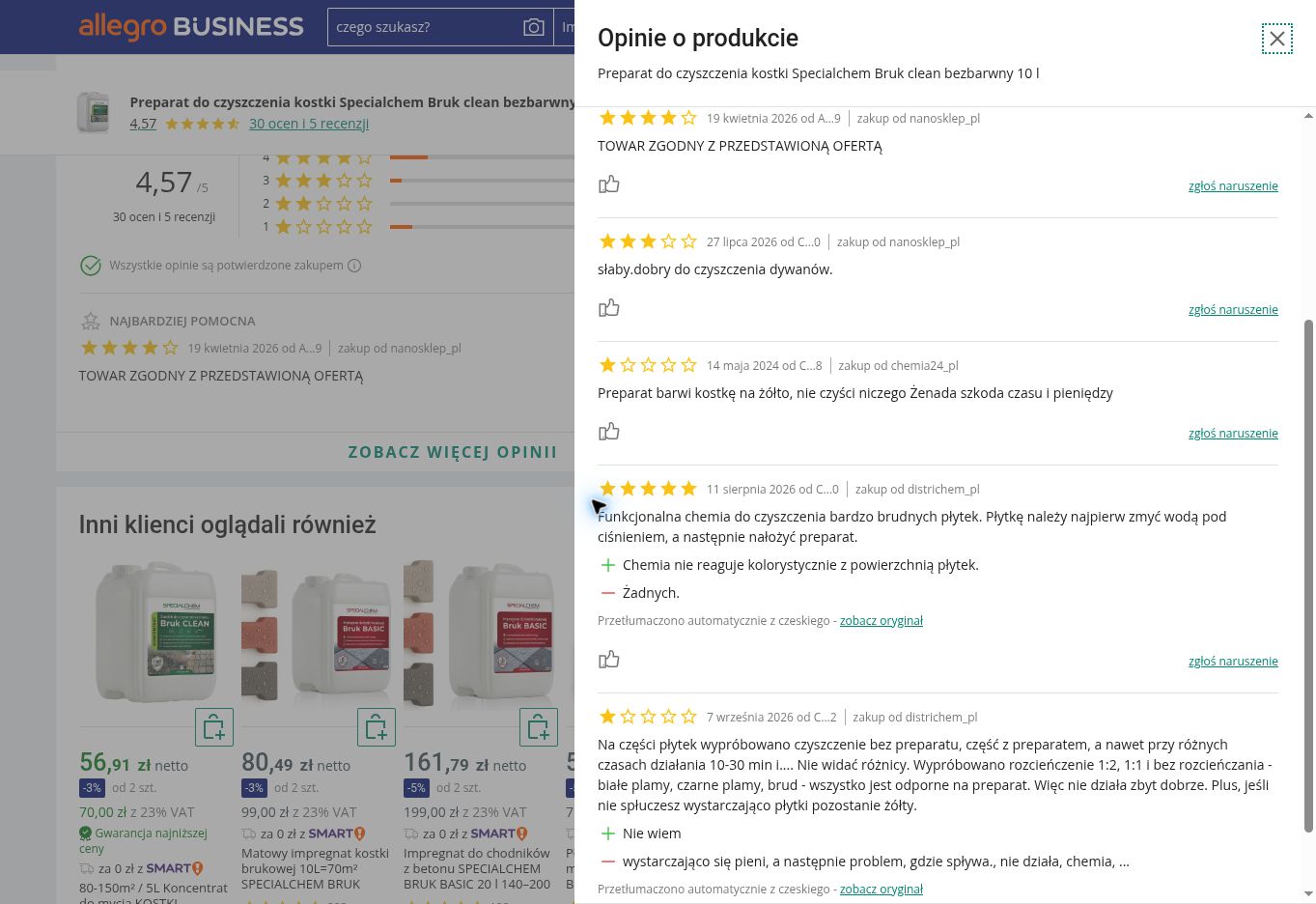 Przykładowe opinie o produkcie SPECIALCHEM BRUK CLEAN 10 l