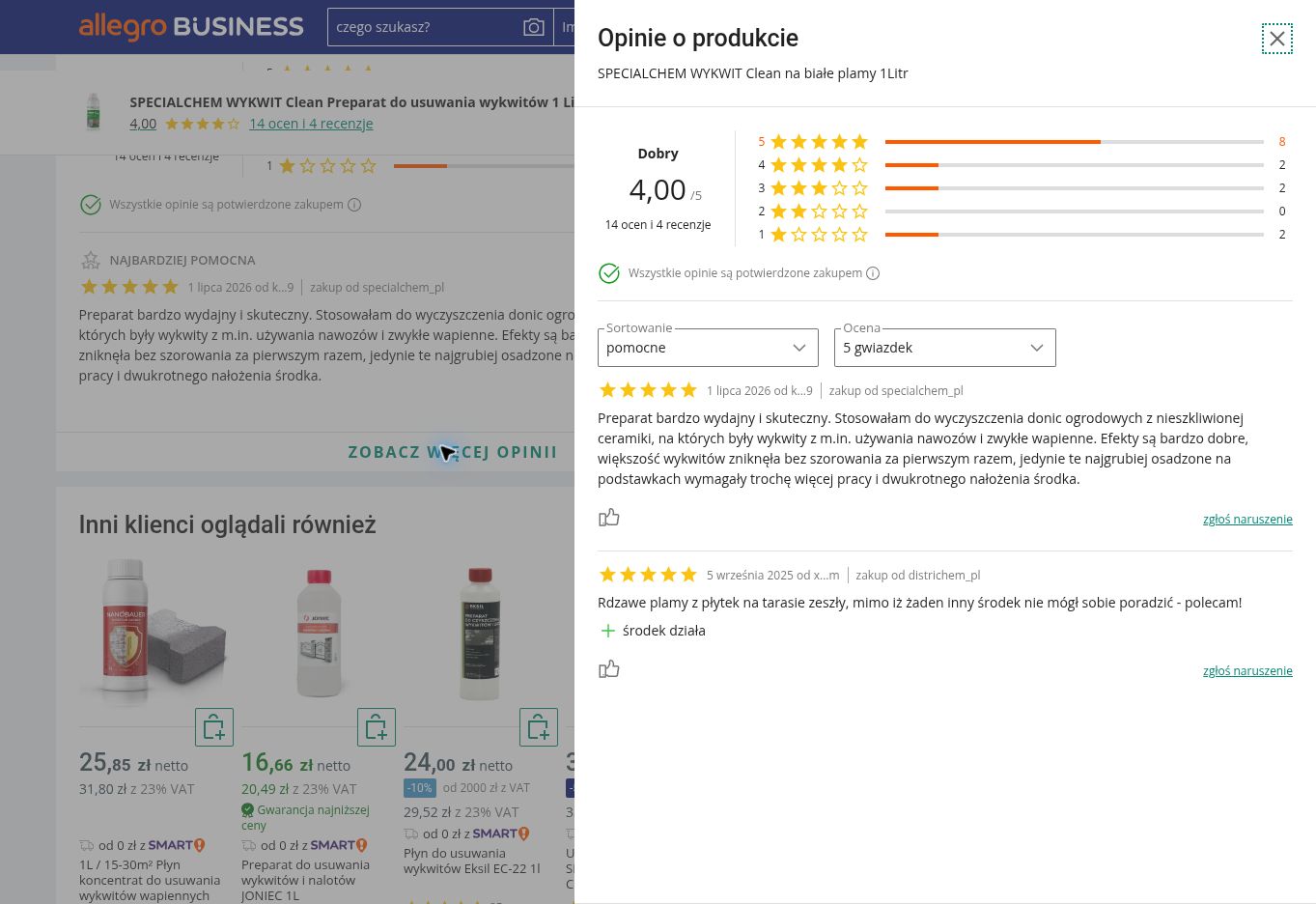 Przykładowe opinie o produkcie SPECIALCHEM WYKWIT CLEAN 1 l