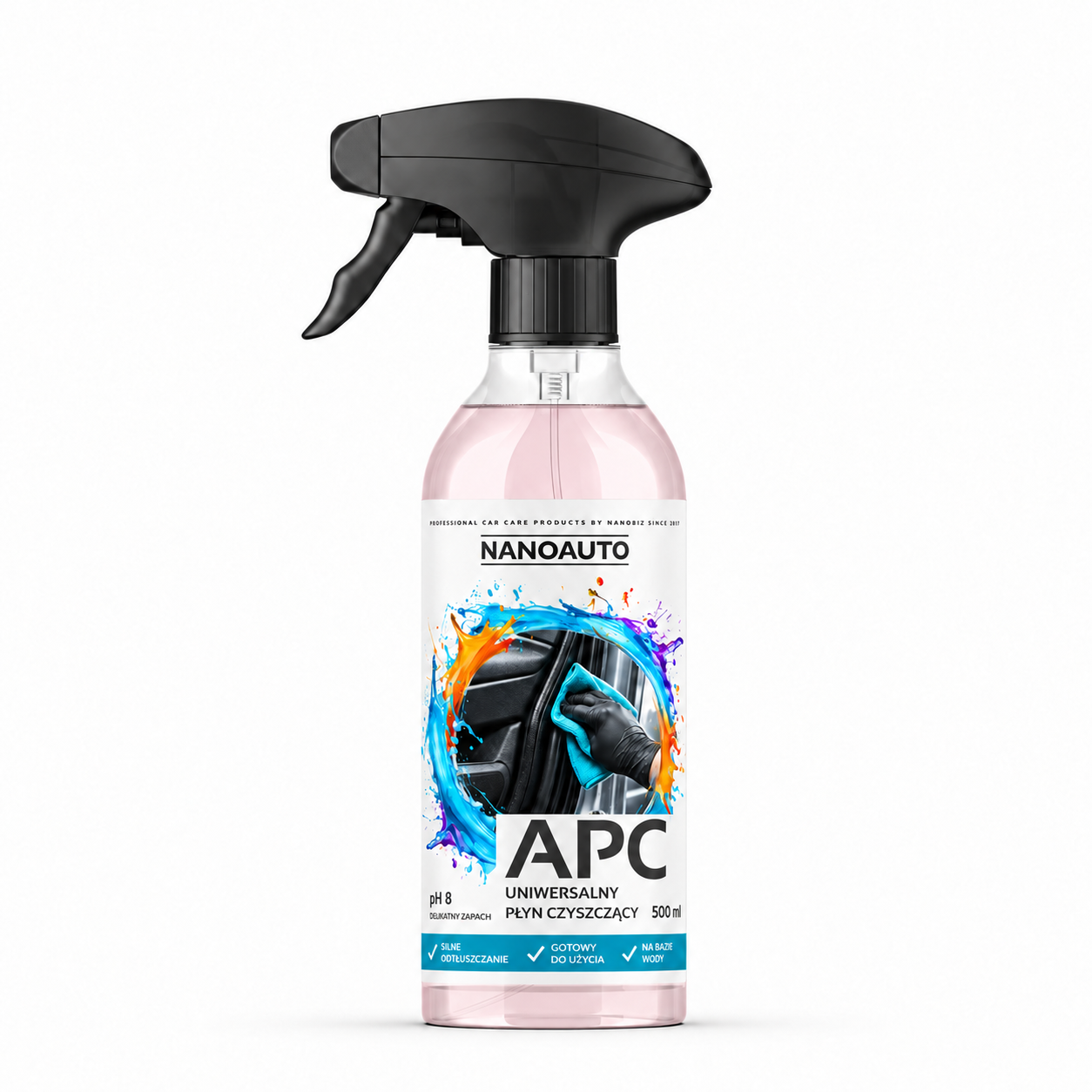 NANOAUTO płyn do odtłuszczania — APC z lekko różowym płynem