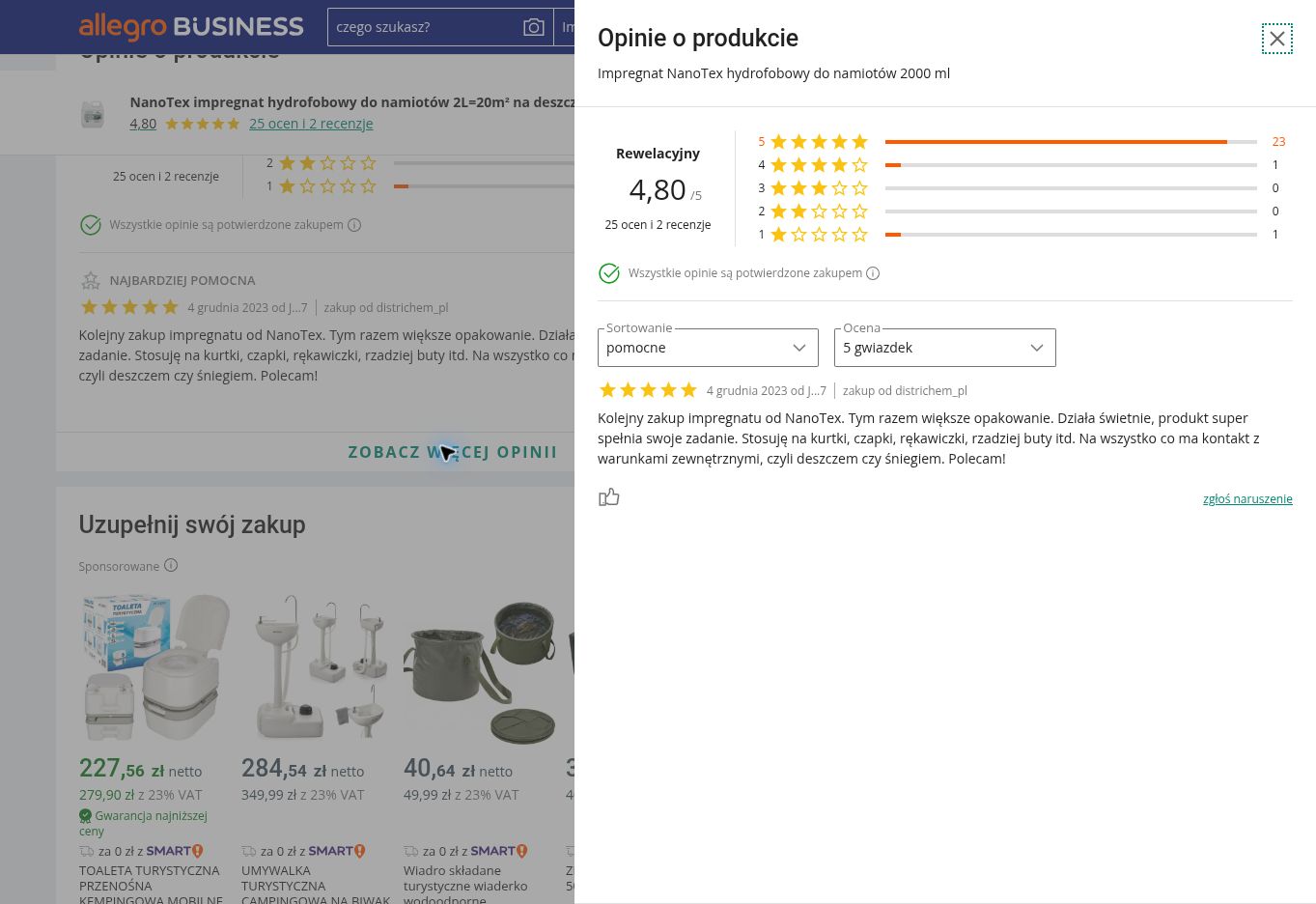 Przykładowe opinie kupujących o NanoTex do namiotów