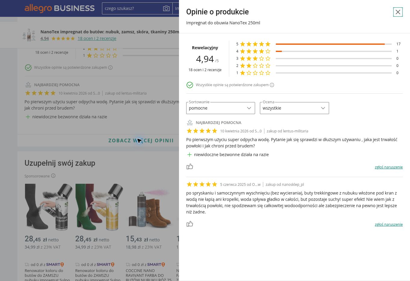 Przykładowe opinie kupujących o NanoTex ochronny do obuwia