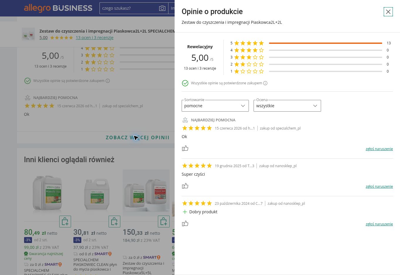 Przykładowe opinie kupujących o SPECIALCHEM PIASKOWIEC BASIC + PIASKOWIEC CLEAN