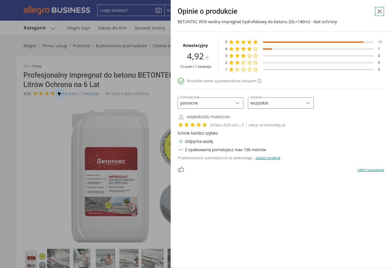 Przykładowe opinie kupujących o BETONTEC W50 Impregnat hydrofobowy do betonu