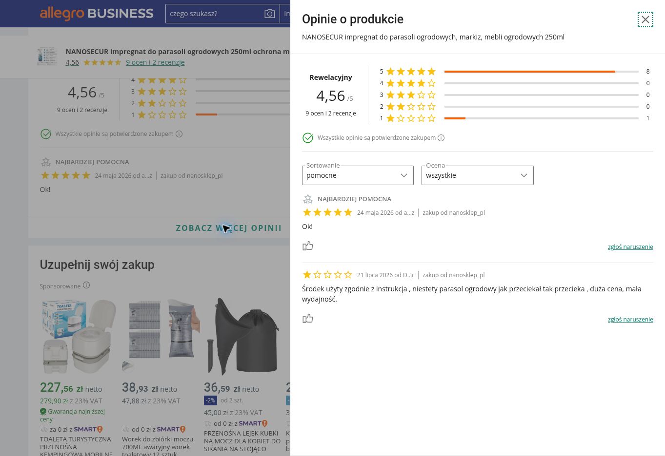 impregnat do parasoli przykładowe opinie o produkcie