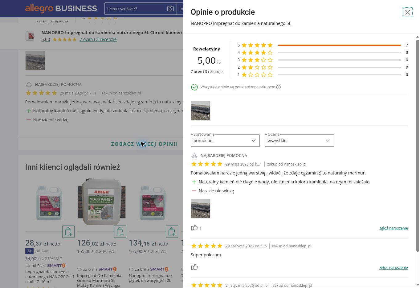 Przykładowe opinie kupujących o NANOPRO Impregnat do kamienia naturalnego