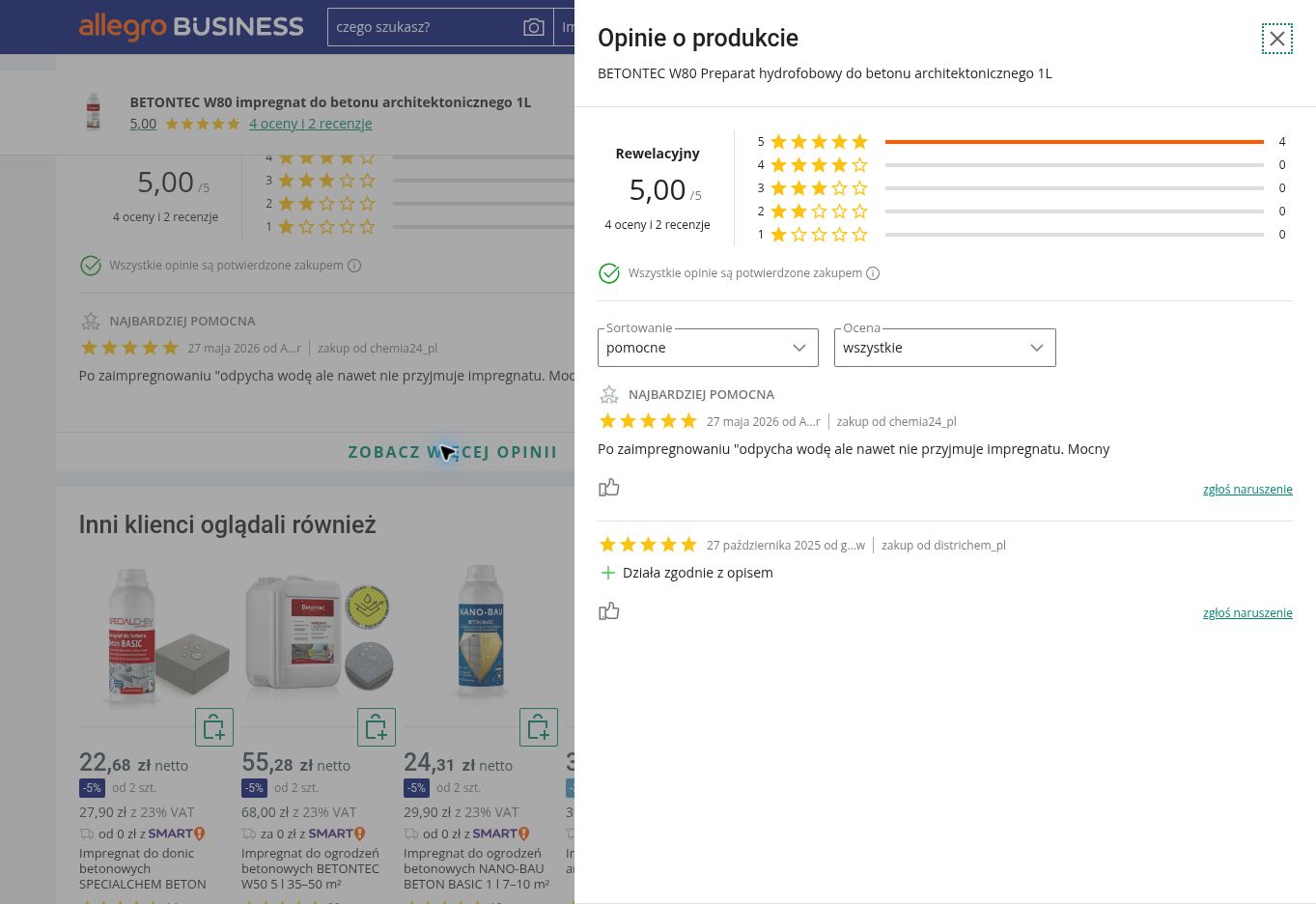 Przykładowe opinie kupujących o BETONTEC W80 Preparat hydrofobowy do betonu architektonicznego