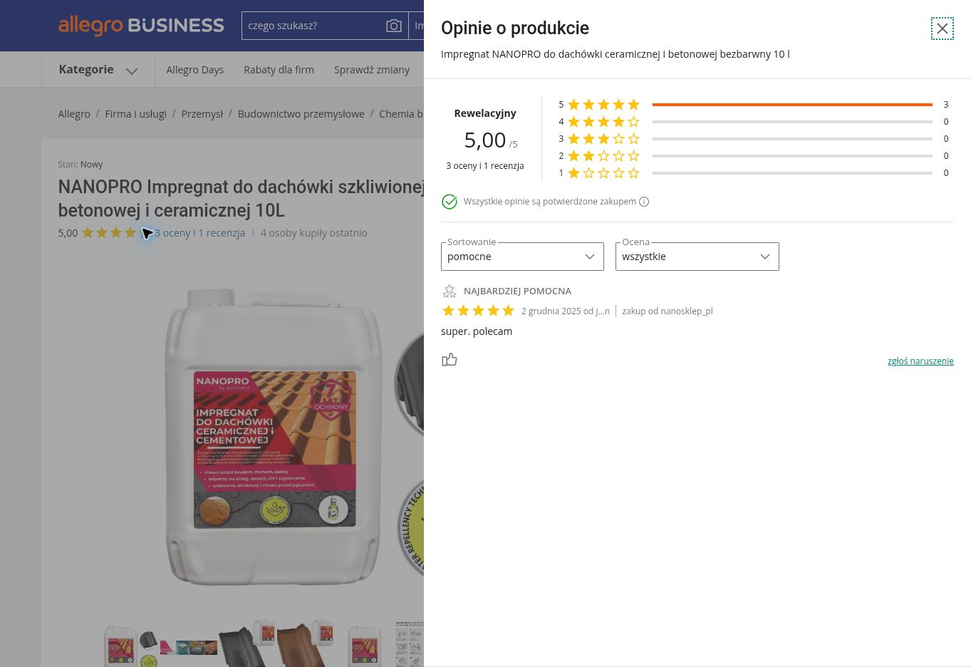 Przykładowe opinie kupujących o NANOPRO Impregnat do dachówki ceramicznej i klinkieru